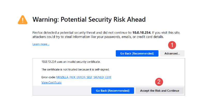 Image of OPNsense web interface certificate warning.