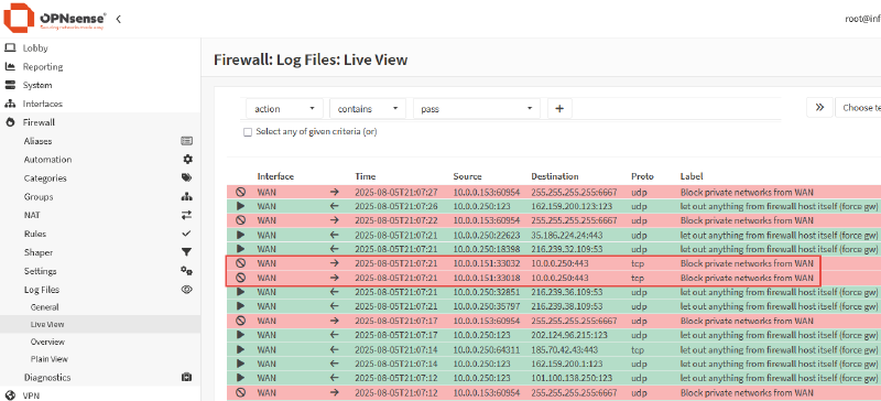 Image of OPNsense firewall logs showing inbound WAN blocks.