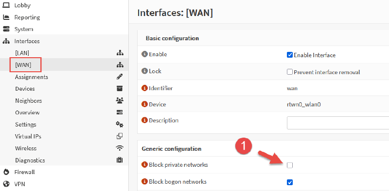 Image of OPNsense WAN configuration to allow inbound WAN.