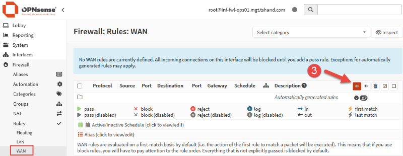 Image of OPNsense WAN firewall rule to allow inbound WAN.