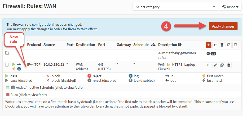 Image of OPNsense WAN firewall rule to allow inbound WAN.