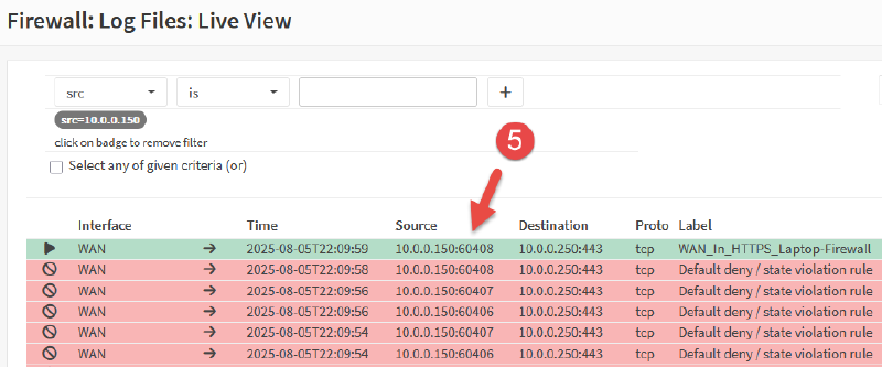Image of OPNsense firewall logs showing inbound WAN passes.