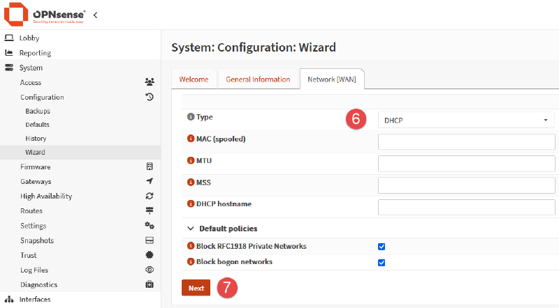 Image of OPNsense wizard configuration process.