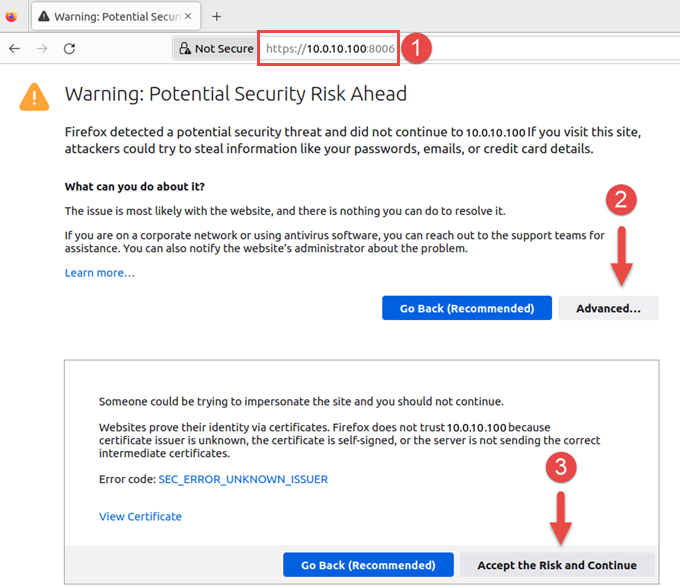 Image showing web browser warning accessing the web interface after Proxmox installation.