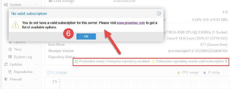 Image showing the Proxmox web interface warning there are no valid subscriptions.