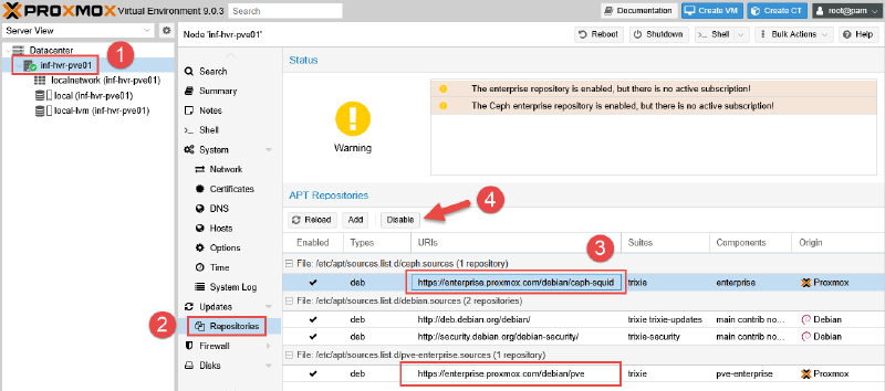 Image showing the steps to disable enterprise repositories in Proxmox.