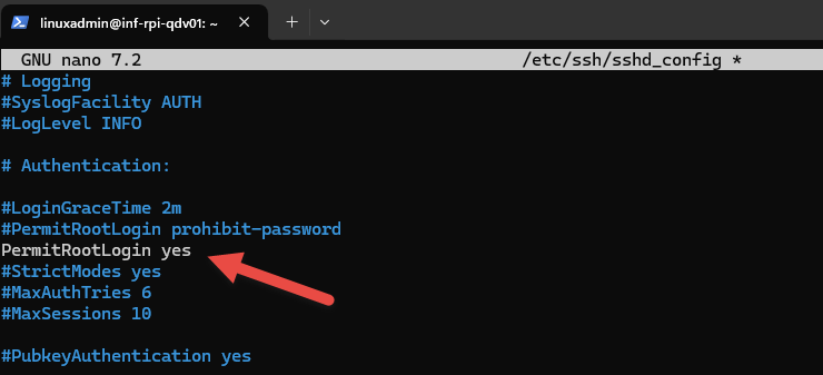 Image showing configuration to allow SSH root login to Raspberry Pi.