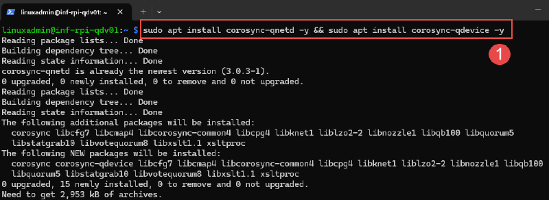Image showing package installation steps for Qdevice setup on Raspberry Pi.
