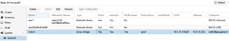Image showing network configuration in Proxmox.