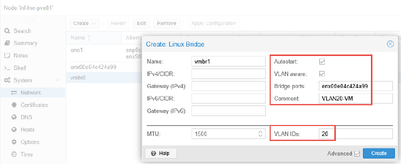 Image showing network configuration in Proxmox.