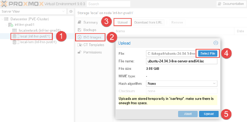 Image showing operating system ISO upload to Proxmox.