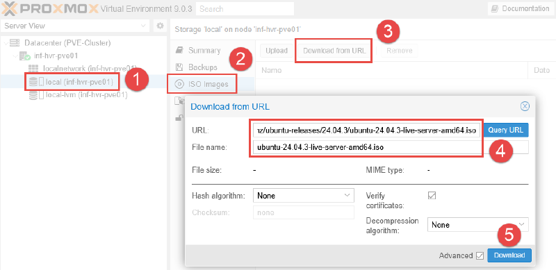 Image showing operating system ISO upload to Proxmox.