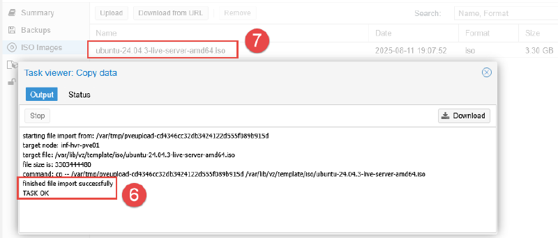 Image showing operating system ISO upload to Proxmox.