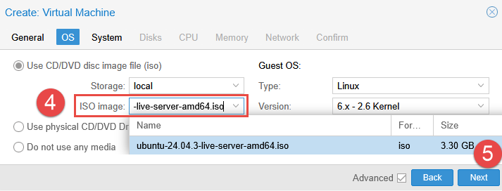 Image showing VM creation steps in Proxmox.