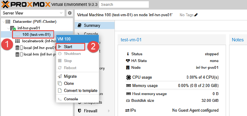 Image showing the testing of a VM post-provisioning in Proxmox.