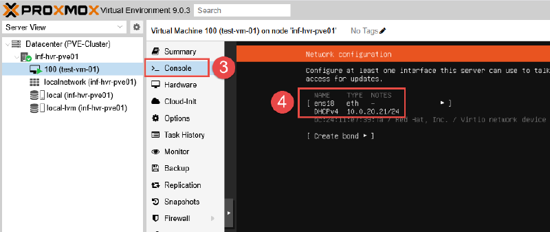 Image showing the testing of a VM post-provisioning in Proxmox.