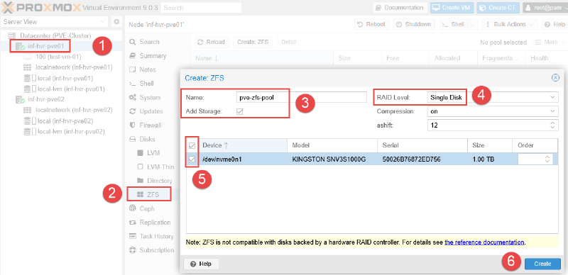 Image showing ZFS pool creation in Proxmox.