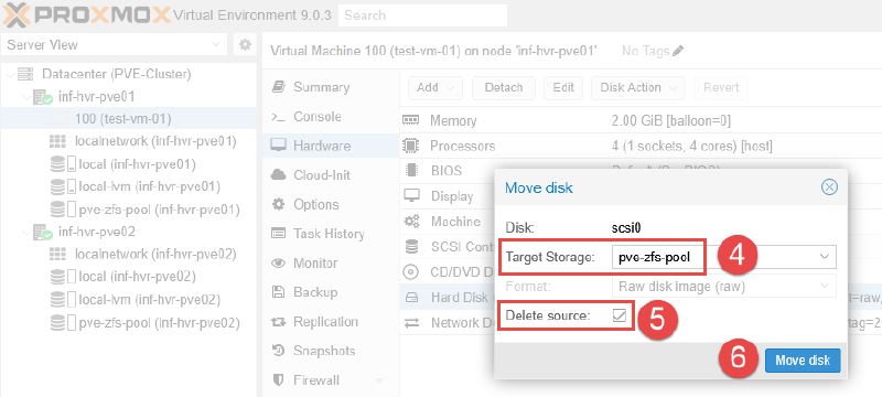 Image showing VM disk migration to ZFS pool storage.