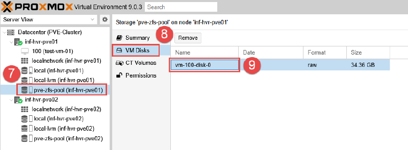 Image showing VM disk migration to ZFS pool storage.
