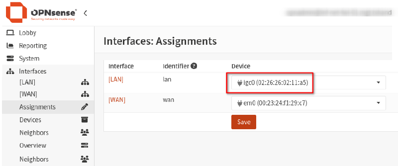 Screenshot of secondary network interface card for OPNsense LAN.