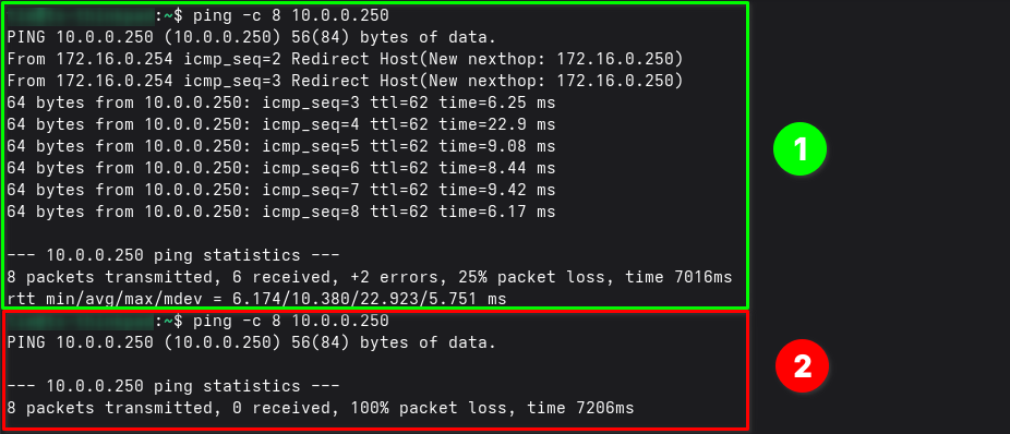 Screenshot of ping test from Fedora laptop.