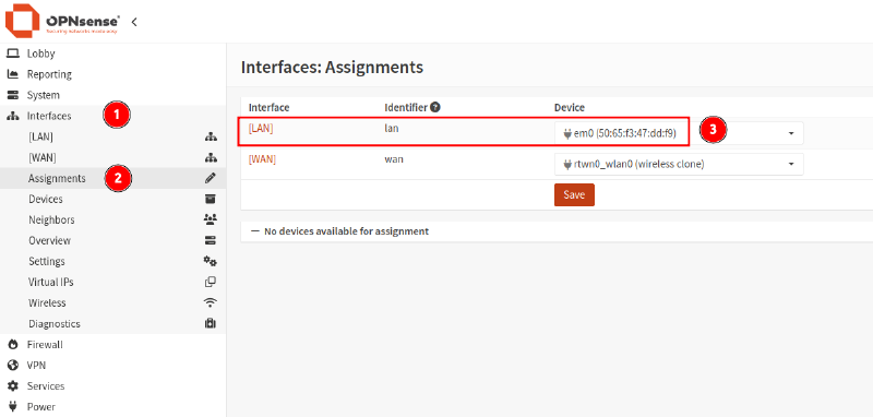 Identify the LAN device configured in OPNsense.