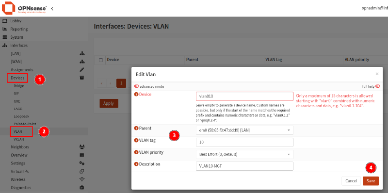 Creating a new VLAN interface in OPNsense.
