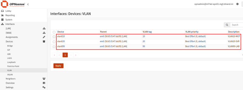 List of all VLAN interfaces created.