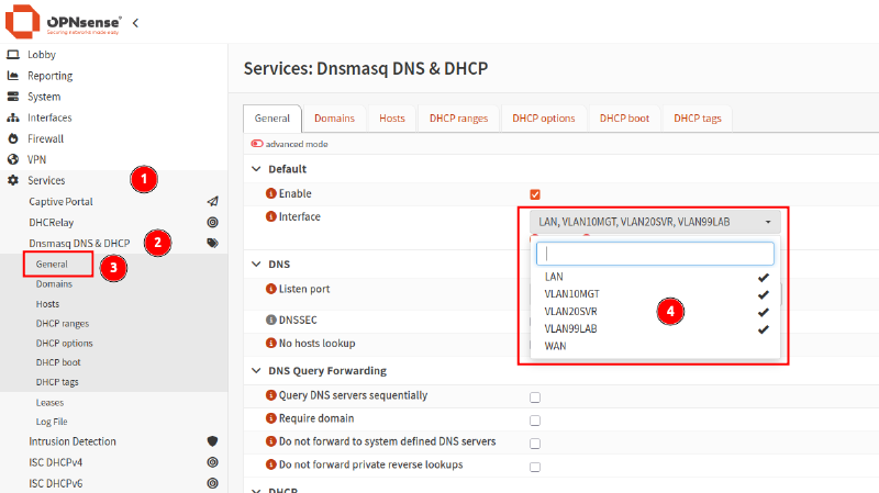 Overview of DHCP ranges assigned to VLANs.