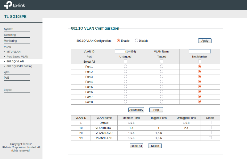 Screenshot of TP Link VLAN configuration.