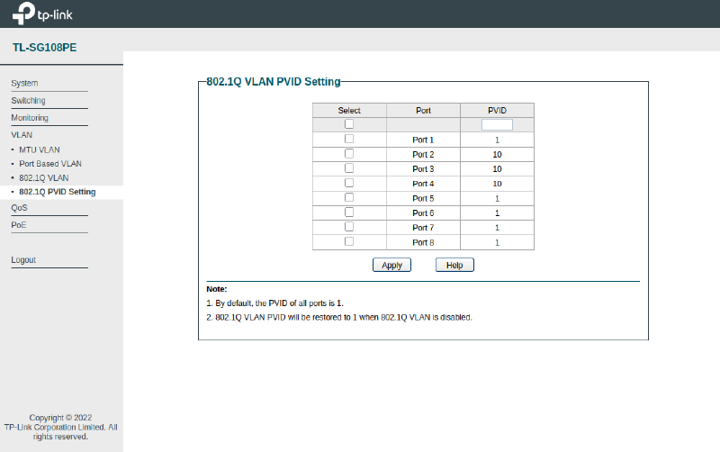 Screenshot of TP Link VLAN PVID configuration.