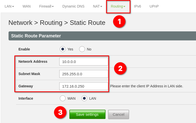 Image showing ISP router static route entry.