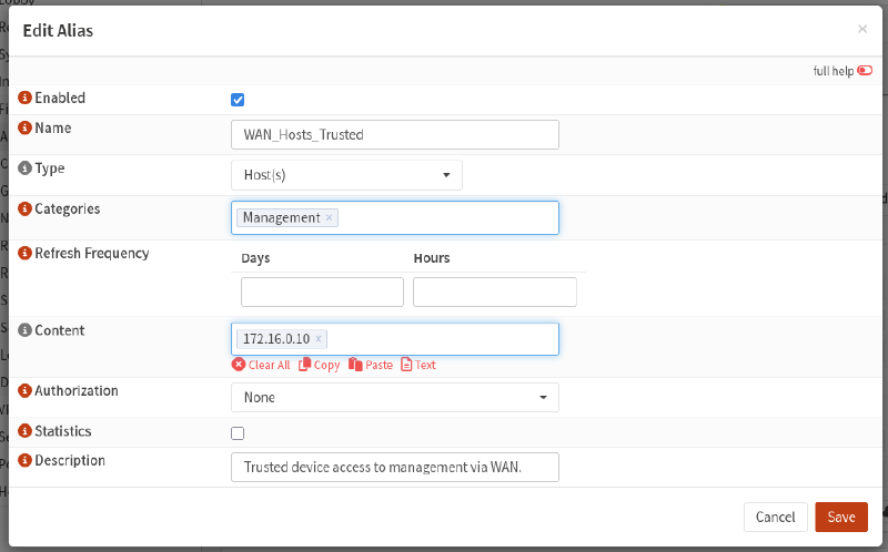 Screenshot of OPNsense aliases in the firewall section.