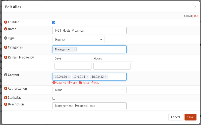 Screenshot of OPNsense aliases in the firewall section.