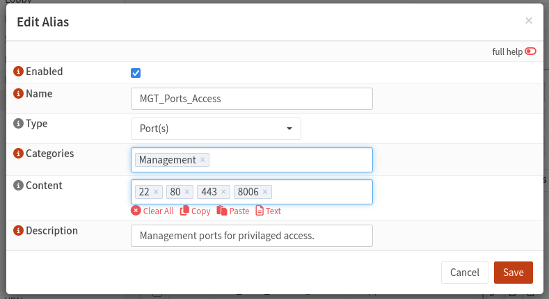 Screenshot of OPNsense aliases in the firewall section.
