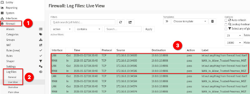 Screenshot from OPNsense firewall logs showing successfull matches.