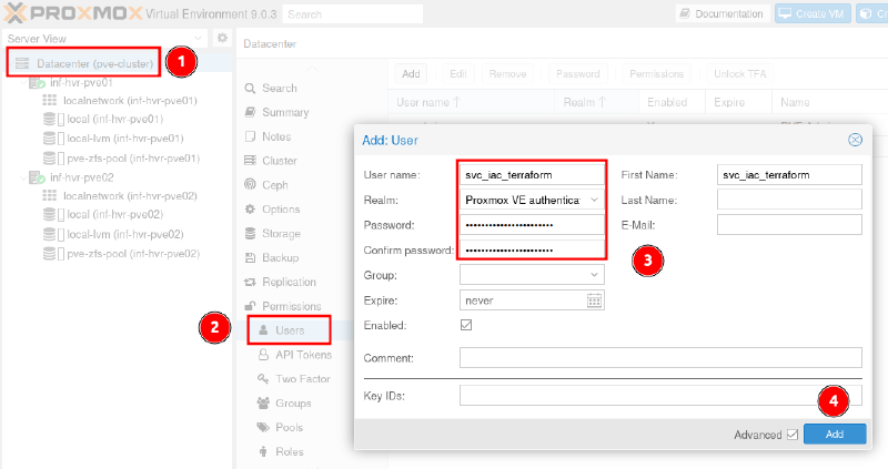 Create new service account user in Proxmox for Terraform.