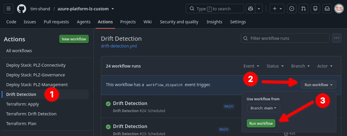 Screenshot showing manual workflow deployment in GitHub Actions.