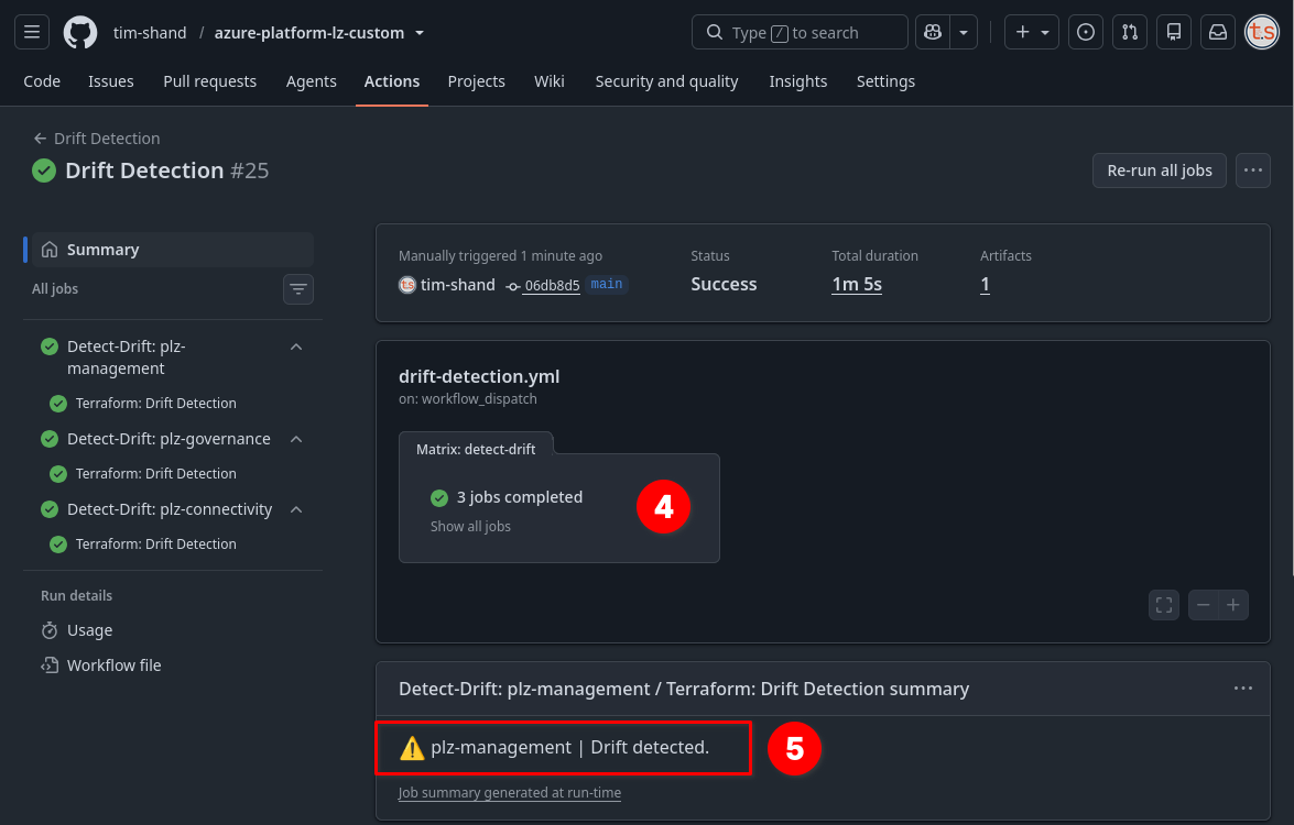 Screenshot showing drift detection workflow executing.