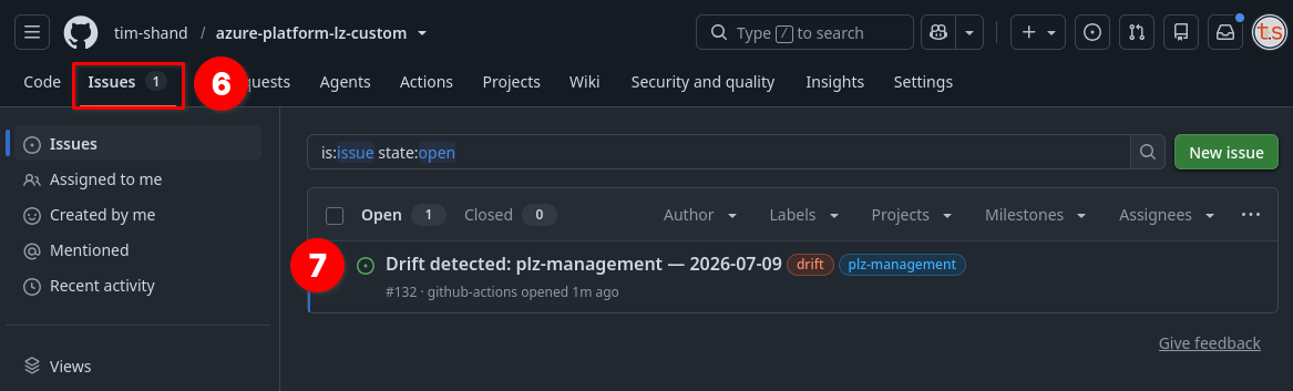 Screenshot showing GitHub Issue raised by drift detection.