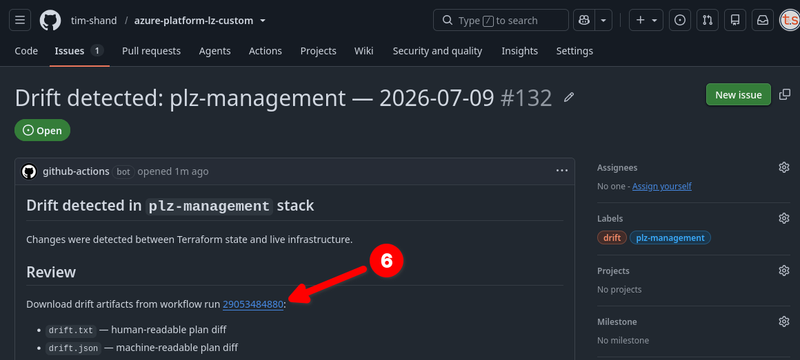 Screenshot showing link to workflow run in GitHub Issue description.
